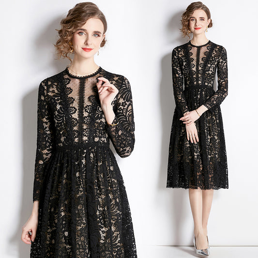CM-DY044487 Women Elegant European Style Lace Round Neck Long Sleeve Mid-Length Dress - Black