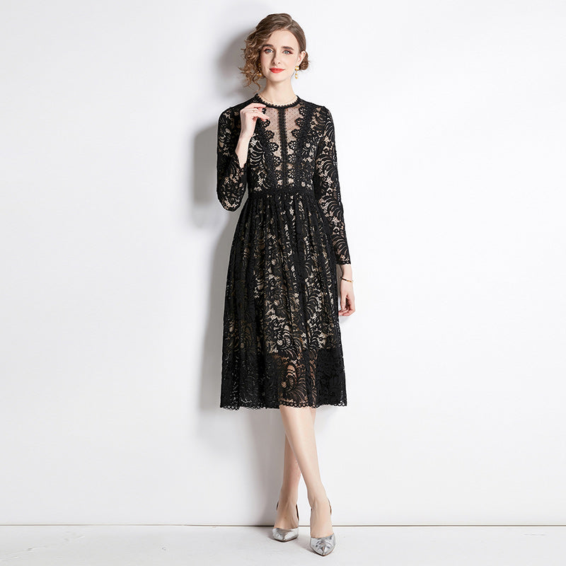 CM-DY044487 Women Elegant European Style Lace Round Neck Long Sleeve Mid-Length Dress - Black