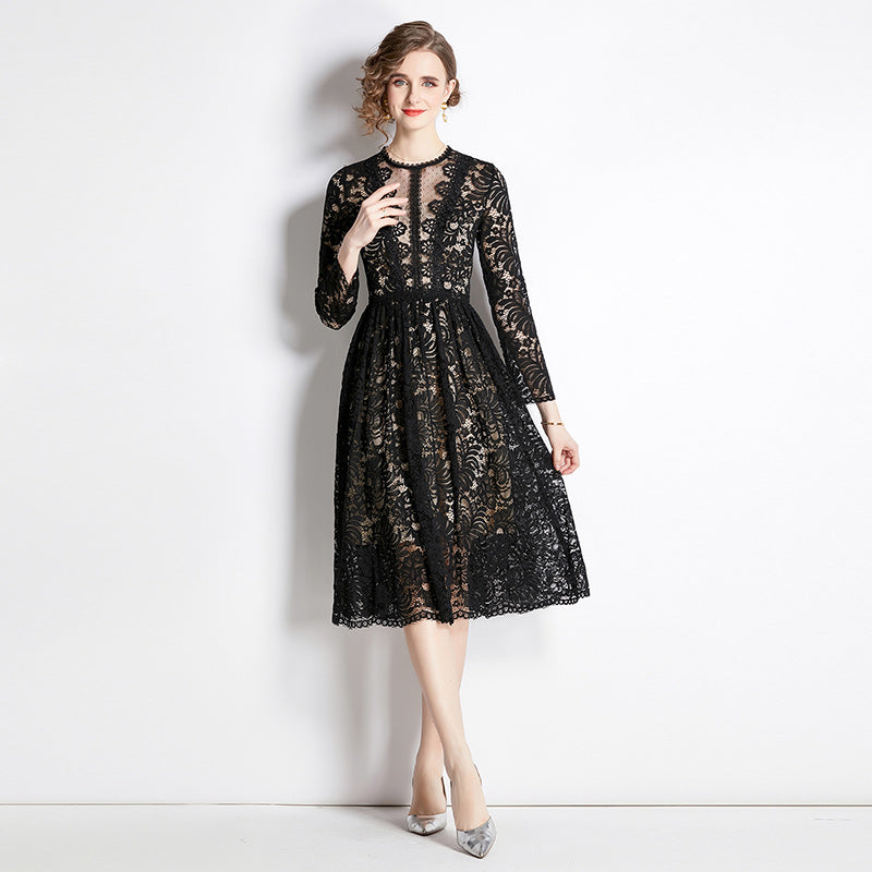 CM-DY044487 Women Elegant European Style Lace Round Neck Long Sleeve Mid-Length Dress - Black
