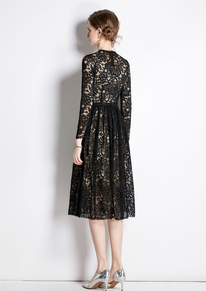 CM-DY044487 Women Elegant European Style Lace Round Neck Long Sleeve Mid-Length Dress - Black