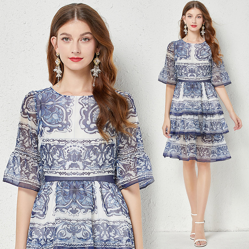 CM-DY047393 Women Elegant European Style Trumpet Sleeve Cake Mini Dress - Blue