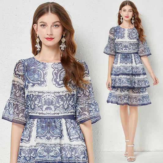CM-DY047393 Women Elegant European Style Trumpet Sleeve Cake Mini Dress - Blue