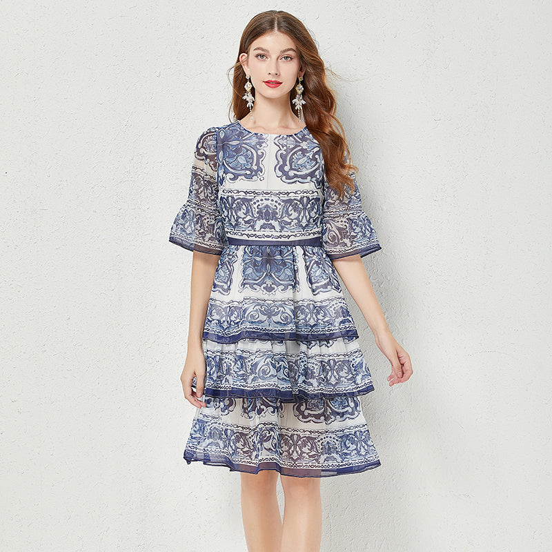CM-DY047393 Women Elegant European Style Trumpet Sleeve Cake Mini Dress - Blue