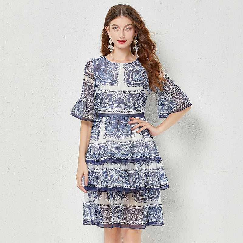 CM-DY047393 Women Elegant European Style Trumpet Sleeve Cake Mini Dress - Blue