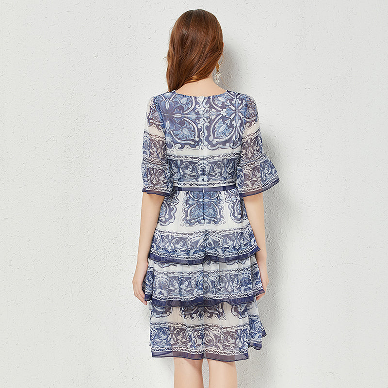 CM-DY047393 Women Elegant European Style Trumpet Sleeve Cake Mini Dress - Blue