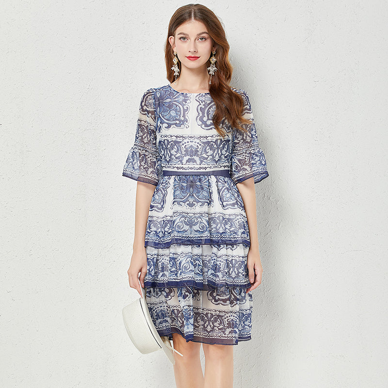 CM-DY047393 Women Elegant European Style Trumpet Sleeve Cake Mini Dress - Blue