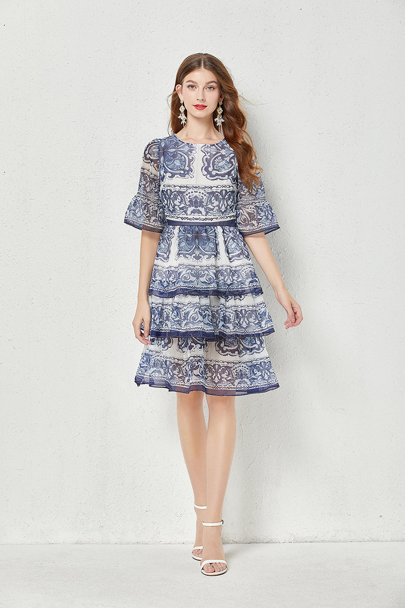 CM-DY047393 Women Elegant European Style Trumpet Sleeve Cake Mini Dress - Blue