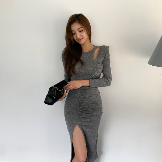 CM-DY048830 Women Casual Seoul Style Round Neck Long Sleeve Slim Dress - Gray