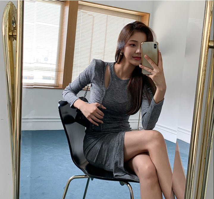 CM-DY048830 Women Casual Seoul Style Round Neck Long Sleeve Slim Dress - Gray