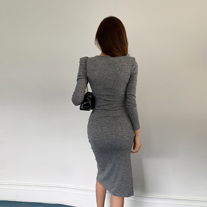 CM-DY048830 Women Casual Seoul Style Round Neck Long Sleeve Slim Dress - Gray
