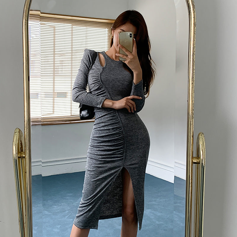 CM-DY048830 Women Casual Seoul Style Round Neck Long Sleeve Slim Dress - Gray