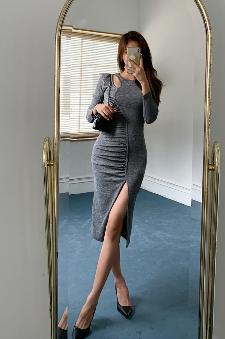 CM-DY048830 Women Casual Seoul Style Round Neck Long Sleeve Slim Dress - Gray
