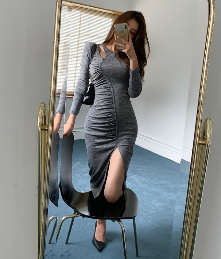 CM-DY048830 Women Casual Seoul Style Round Neck Long Sleeve Slim Dress - Gray
