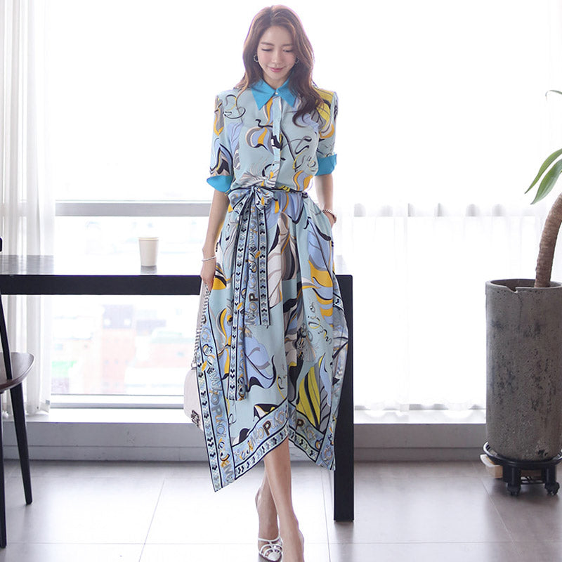CM-DY049597 Women Casual Seoul Style Collar Neckline All-Over Print Pinched Waist Dress