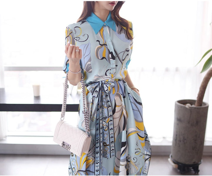 CM-DY049597 Women Casual Seoul Style Collar Neckline All-Over Print Pinched Waist Dress