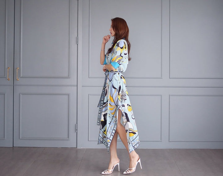CM-DY049597 Women Casual Seoul Style Collar Neckline All-Over Print Pinched Waist Dress