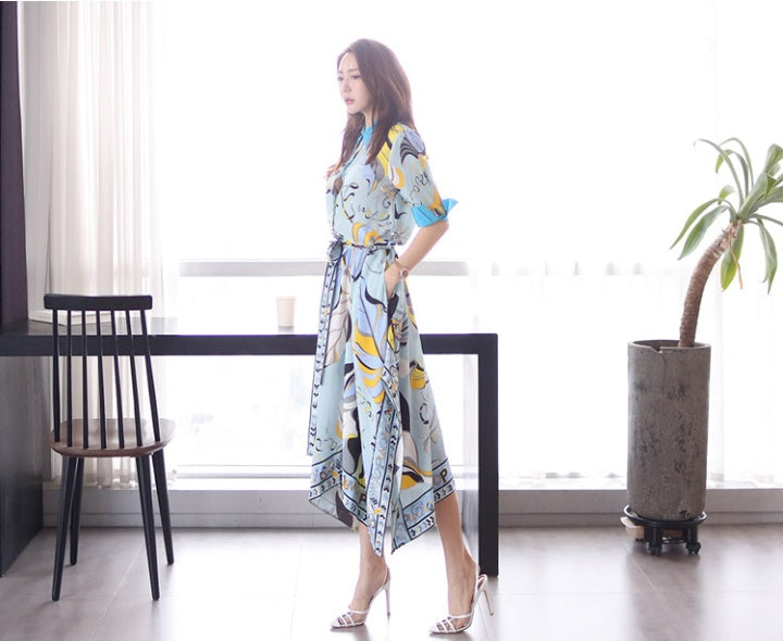CM-DY049597 Women Casual Seoul Style Collar Neckline All-Over Print Pinched Waist Dress