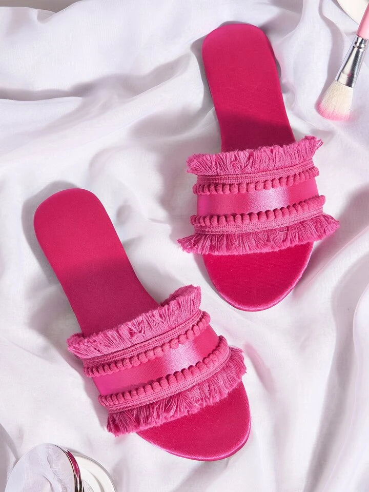 CM-SHS568444 Women Trendy Seoul Style Fringe Decor Plain Satin Open Toe Slide Sandals - Pink
