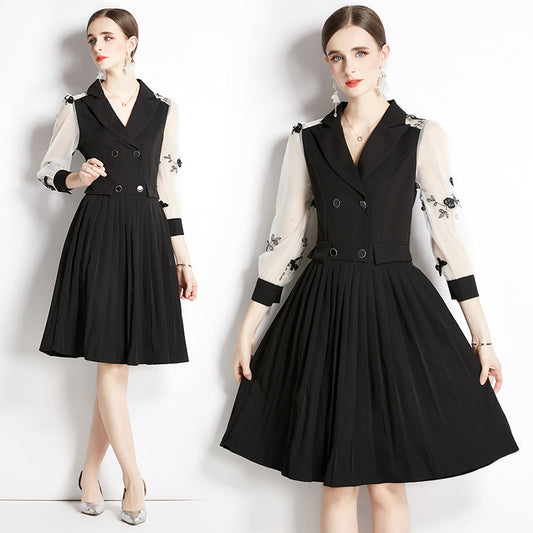 CM-DY051900 Women Elegant European Style Collar Neckline 3/4 Sleeve Gauze Dress - Black