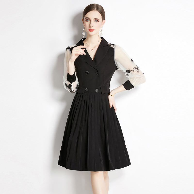 CM-DY051900 Women Elegant European Style Collar Neckline 3/4 Sleeve Gauze Dress - Black
