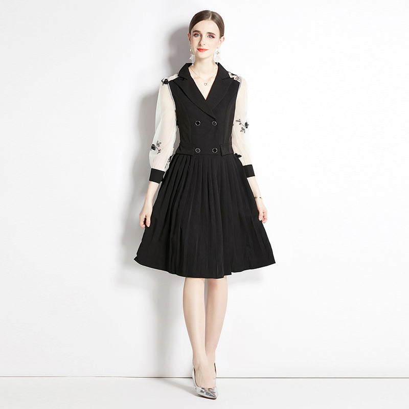 CM-DY051900 Women Elegant European Style Collar Neckline 3/4 Sleeve Gauze Dress - Black