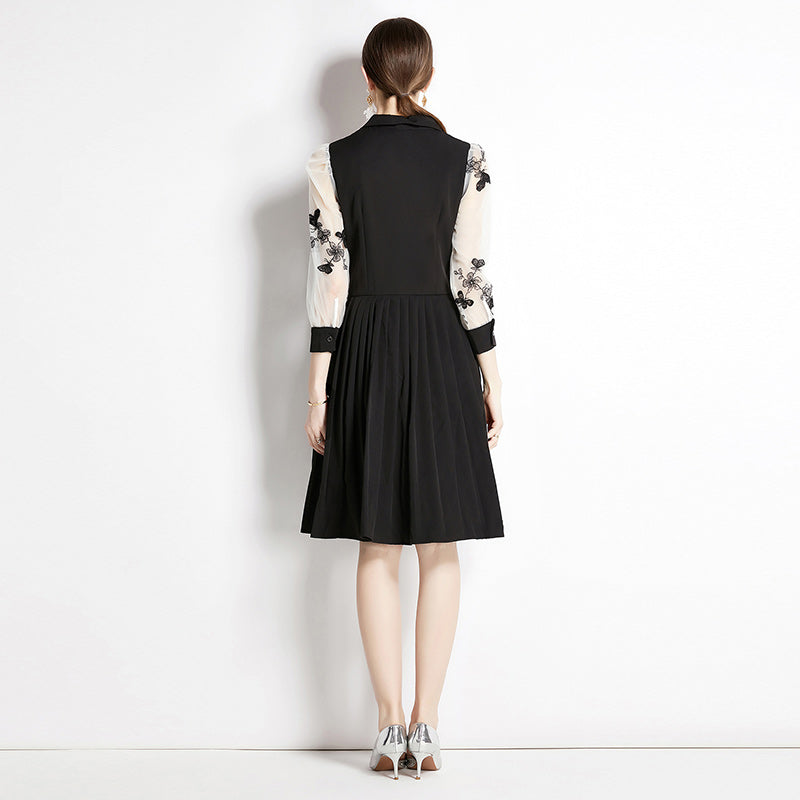 CM-DY051900 Women Elegant European Style Collar Neckline 3/4 Sleeve Gauze Dress - Black