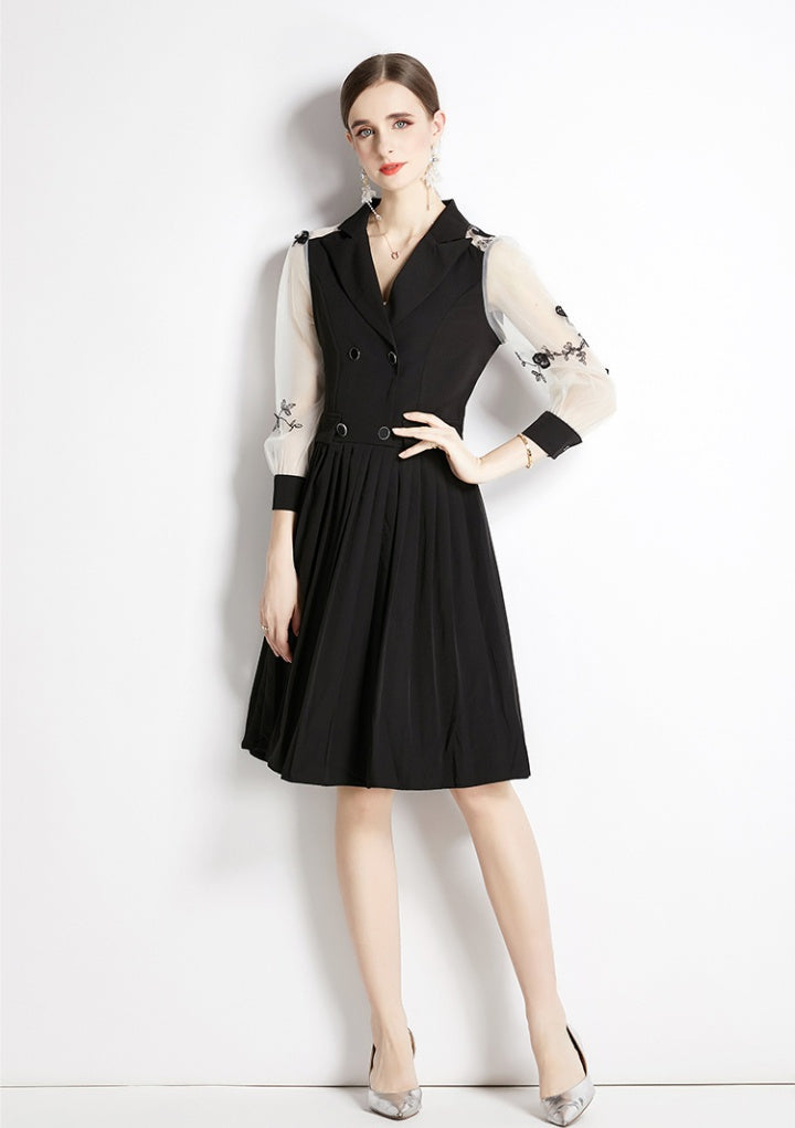CM-DY051900 Women Elegant European Style Collar Neckline 3/4 Sleeve Gauze Dress - Black