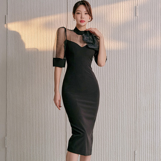 CM-DY053402 Women Elegant Seoul Style Stand Collar Bow Short Sleeve Midi Dress - Black