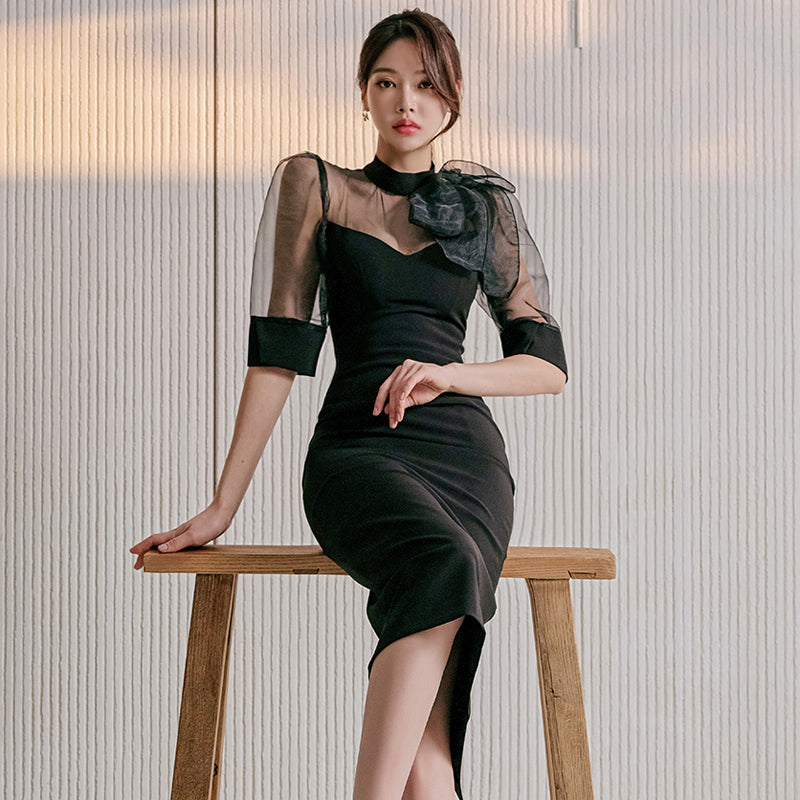 CM-DY053402 Women Elegant Seoul Style Stand Collar Bow Short Sleeve Midi Dress - Black