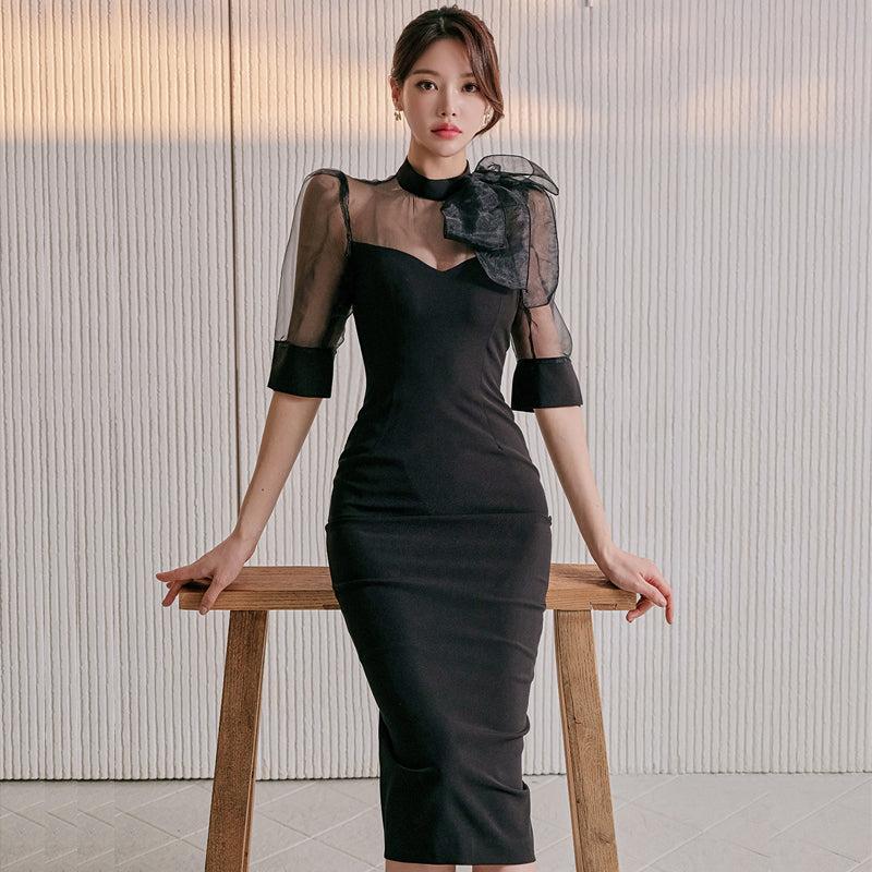 CM-DY053402 Women Elegant Seoul Style Stand Collar Bow Short Sleeve Midi Dress - Black