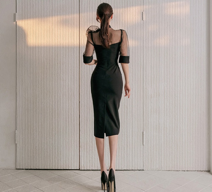 CM-DY053402 Women Elegant Seoul Style Stand Collar Bow Short Sleeve Midi Dress - Black