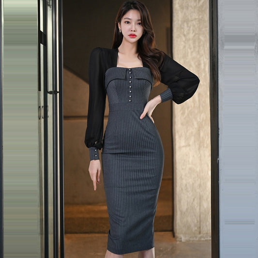 CM-DY053404 Women Elegant Seoul Style Square Collar Long Sleeve Slim Midi Dress