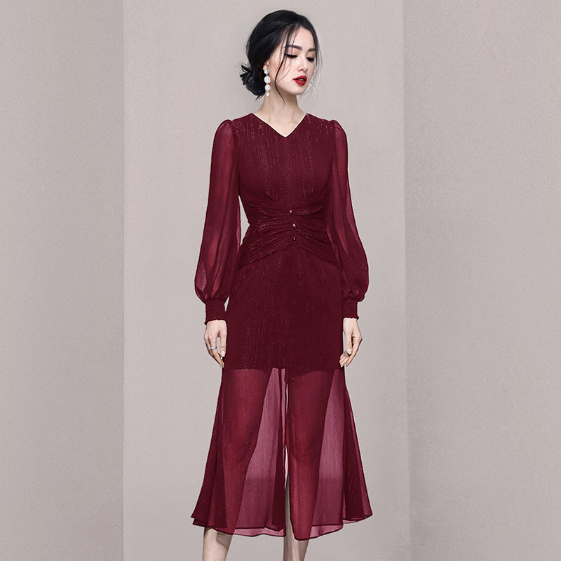 CM-DY053950 Women Elegant European Style V-Neck Long Slvee Mermaid Hem Long Dress
