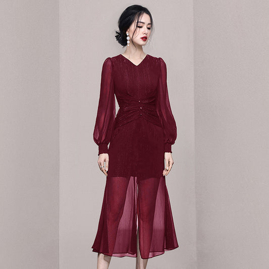 CM-DY053950 Women Elegant European Style V-Neck Long Slvee Mermaid Hem Long Dress