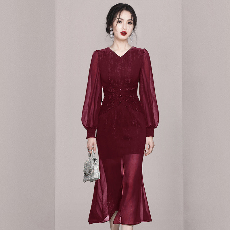 CM-DY053950 Women Elegant European Style V-Neck Long Slvee Mermaid Hem Long Dress