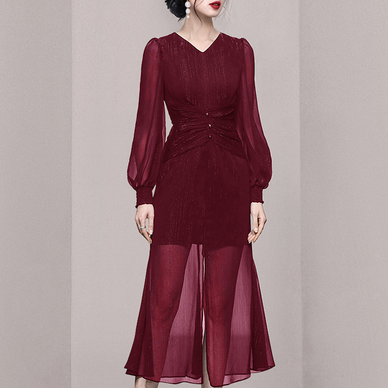 CM-DY053950 Women Elegant European Style V-Neck Long Slvee Mermaid Hem Long Dress