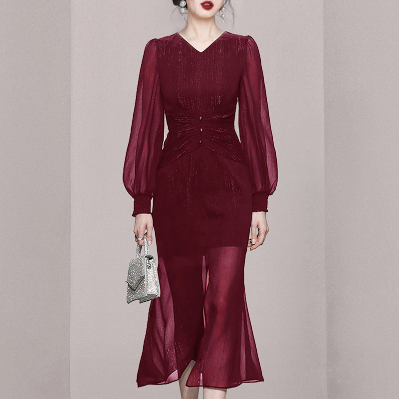 CM-DY053950 Women Elegant European Style V-Neck Long Slvee Mermaid Hem Long Dress