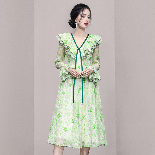 CM-DY054061 Women Elegant European Style Lotus Leaf Edges Long Sleeve Slim Dress