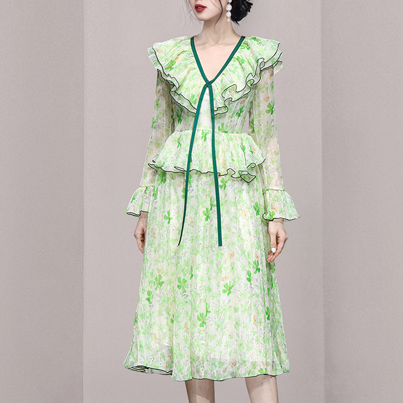 CM-DY054061 Women Elegant European Style Lotus Leaf Edges Long Sleeve Slim Dress