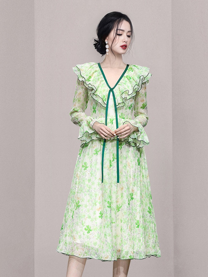 CM-DY054061 Women Elegant European Style Lotus Leaf Edges Long Sleeve Slim Dress