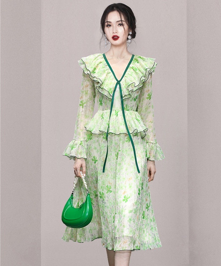 CM-DY054061 Women Elegant European Style Lotus Leaf Edges Long Sleeve Slim Dress