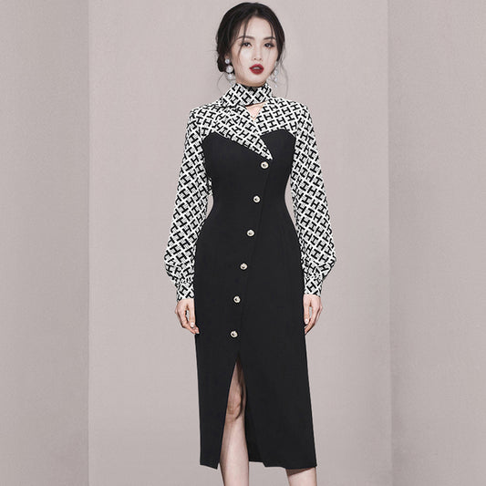 CM-DY055149 Women Elegant European Style Pinched Waist Slim Slit Hip Dress - Black