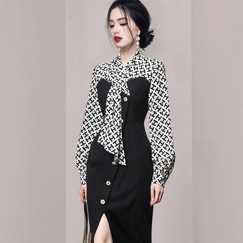 CM-DY055149 Women Elegant European Style Pinched Waist Slim Slit Hip Dress - Black
