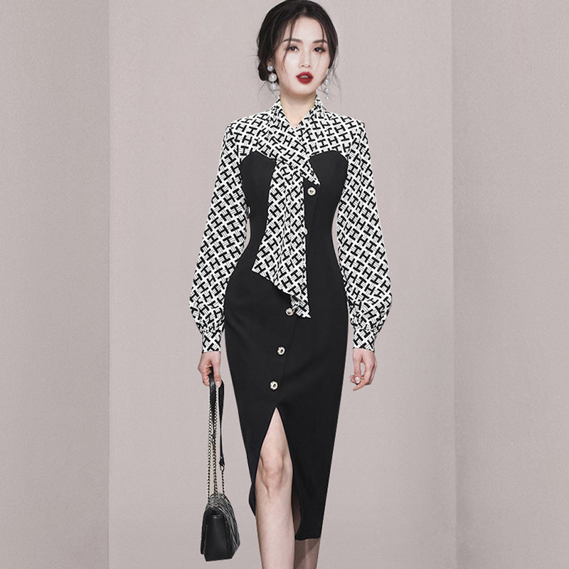 CM-DY055149 Women Elegant European Style Pinched Waist Slim Slit Hip Dress - Black