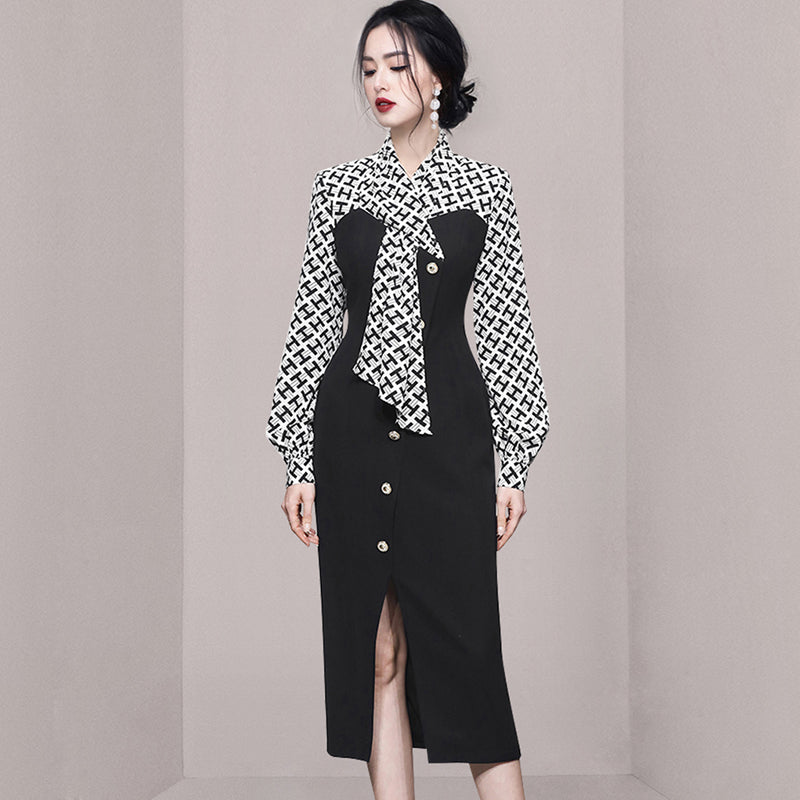 CM-DY055149 Women Elegant European Style Pinched Waist Slim Slit Hip Dress - Black