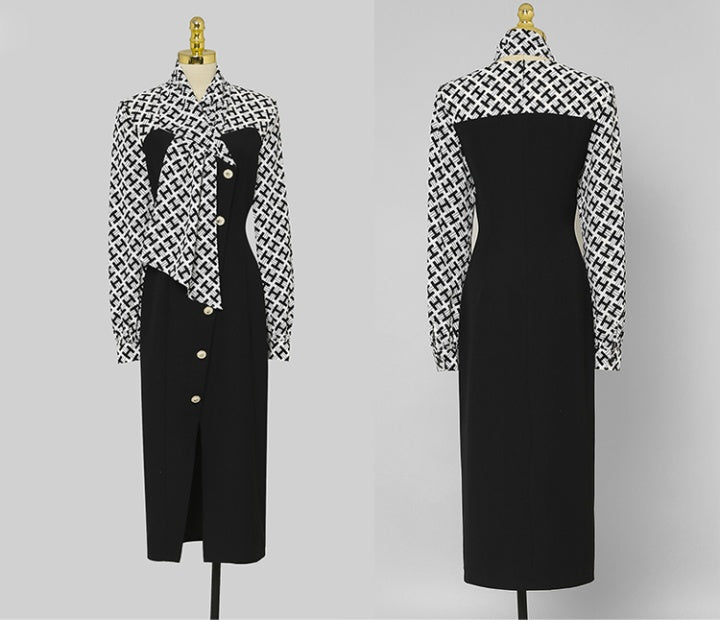 CM-DY055149 Women Elegant European Style Pinched Waist Slim Slit Hip Dress - Black