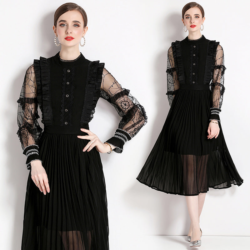 CM-DY056459 Women Elegant European Style Stand Collar Lantern Sleeve Midi Dress - Black