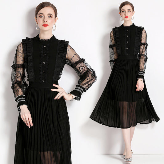 CM-DY056459 Women Elegant European Style Stand Collar Lantern Sleeve Midi Dress - Black