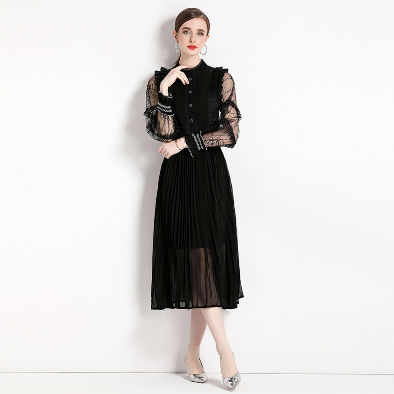 CM-DY056459 Women Elegant European Style Stand Collar Lantern Sleeve Midi Dress - Black