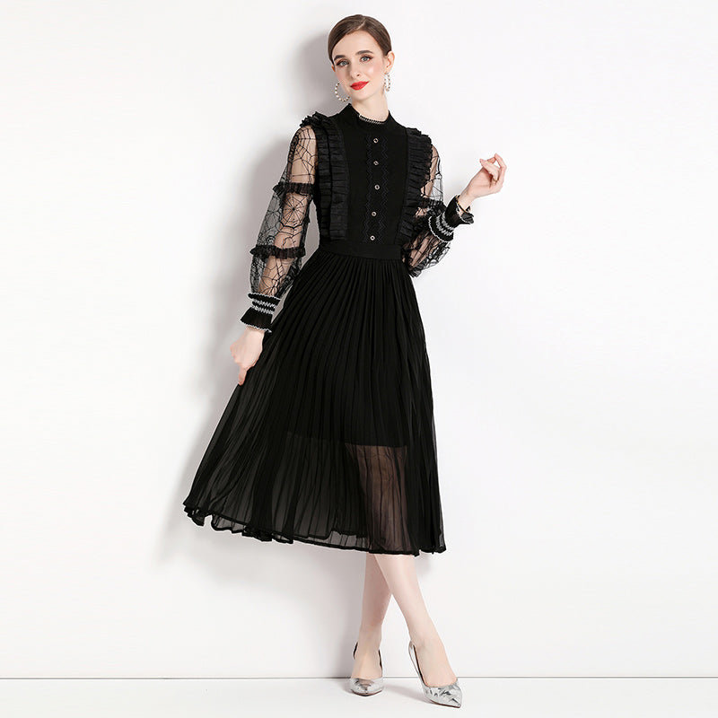 CM-DY056459 Women Elegant European Style Stand Collar Lantern Sleeve Midi Dress - Black